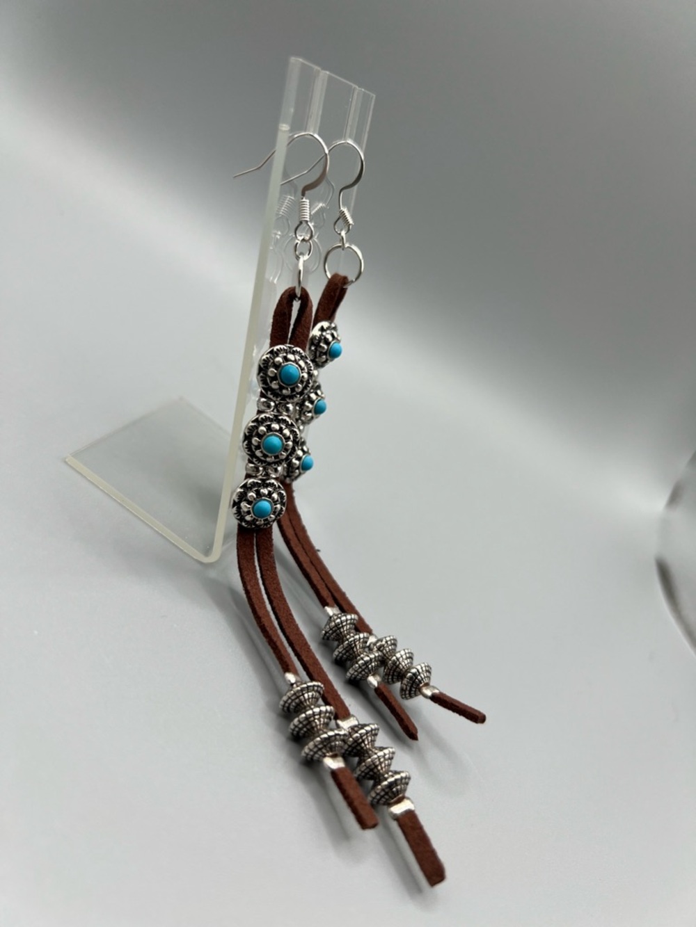 Boho Brown Leather Tassel Earrings with Turquoise Bead - Handmade #E0199C - Picture 3 of 4